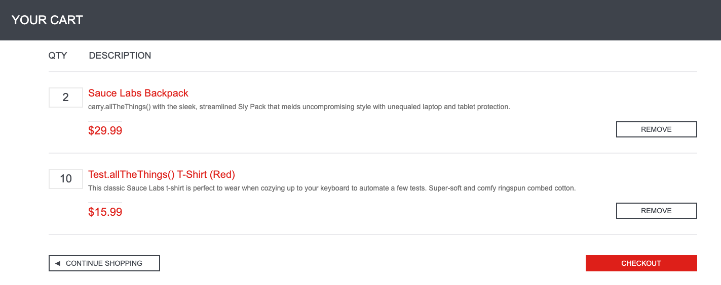 SauceLabs Shopping Cart